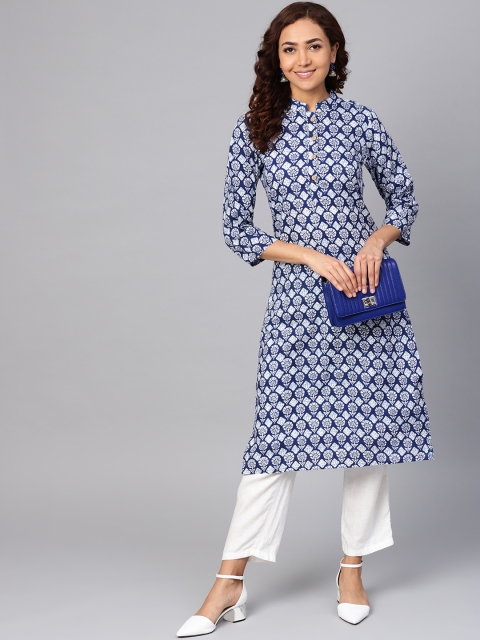

Jompers Women Navy Blue & White Printed Straight Kurta