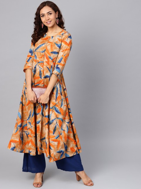 

Jompers Women Orange & Blue Printed A-Line Kurta