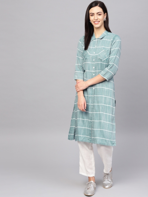 

Jompers Women Green & White Striped Straight Kurta