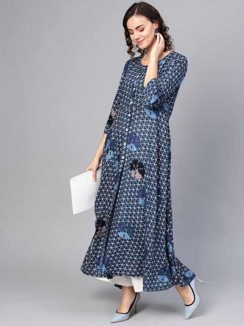 

Jompers Women Blue & Off-White Printed A-Line Kurta