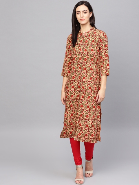 

Jompers Women Beige & Red Printed Straight Kurta