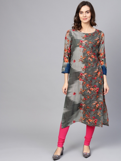 

Jompers Women Grey & Ornage Floral Printed Straight Kurta