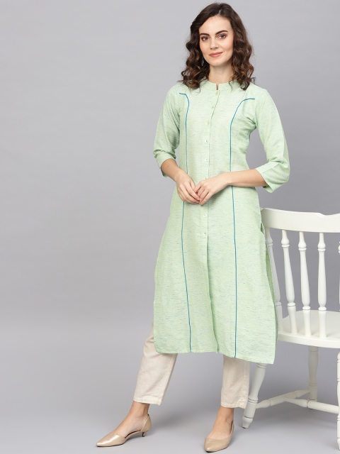 

Jompers Women Green & Blue Woven Design Straight Kurta