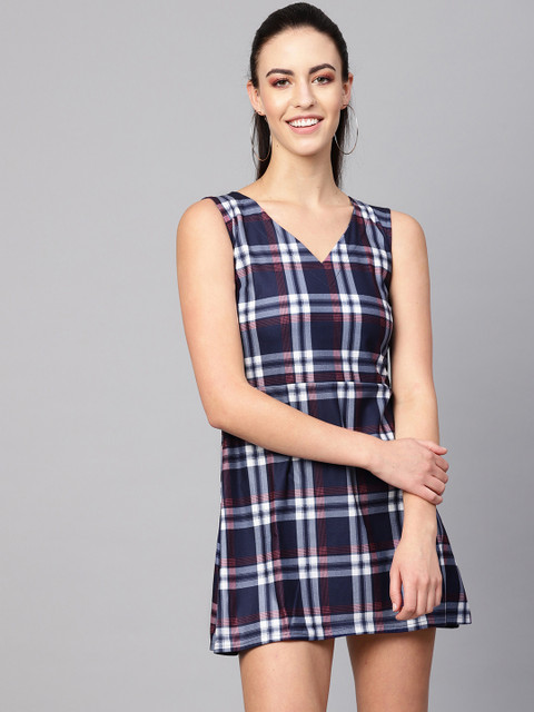

Vemante Women Navy Blue Checked A-Line Dress