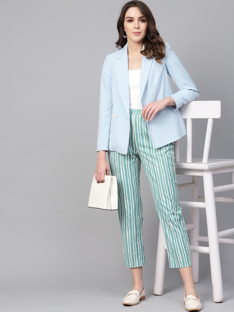 

Rain & Rainbow Women Green & Off-White Striped Cropped Trousers