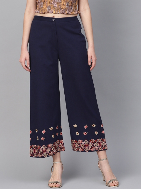 

Rain & Rainbow Women Navy Blue Hem Design Cropped Straight Palazzos