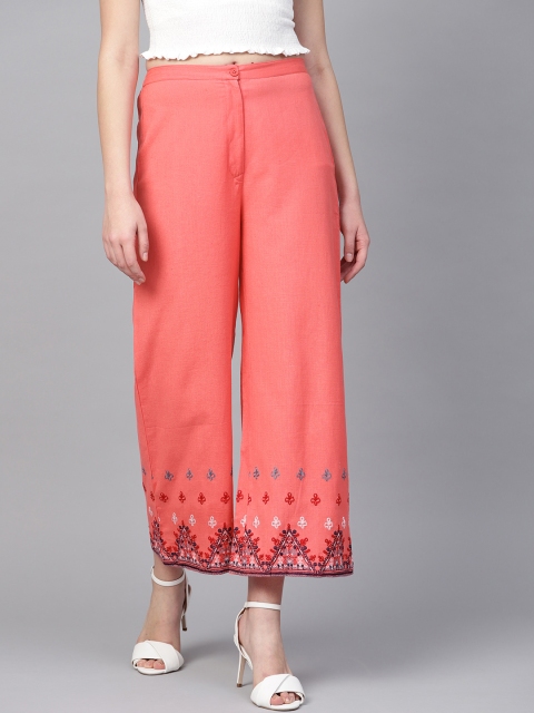 

Rain & Rainbow Women Coral Pink Hem Design Cropped Straight Palazzos