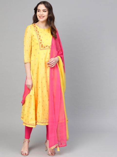 

Rain & Rainbow Women Yellow & Pink Jacquard Zari Embroidered Kurta Set