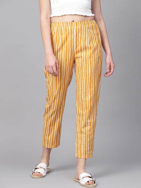 

Rain & Rainbow Women Mustard & Off-White Striped Cropped Trousers