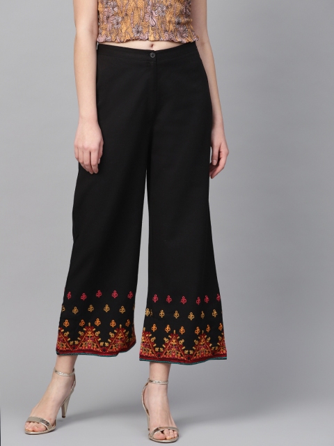 

Rain & Rainbow Women Black Hem Design Cropped Straight Palazzos