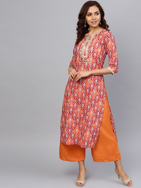 

Rain & Rainbow Women Maroon & Orange Printed Straight Kurta