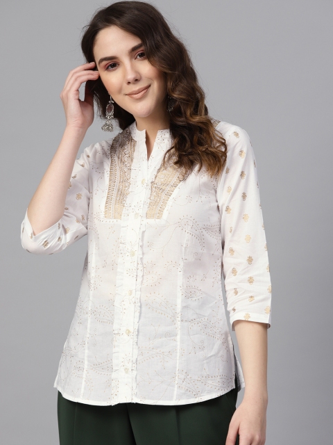

Rain & Rainbow Women White & Golden Printed Pure Cotton Shirt Style Pure Cotton Top