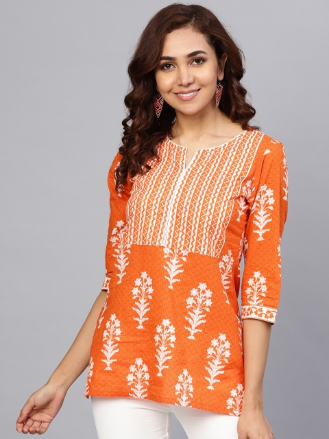 

Rain & Rainbow Women Orange & Off-White Printed Pure Cotton A-line Kurti