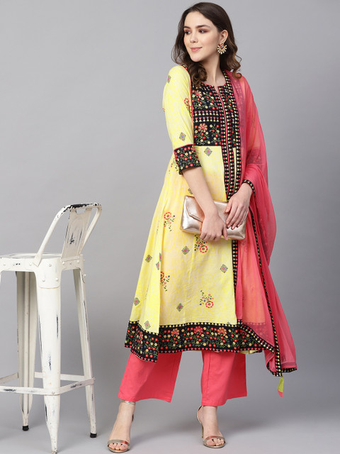 

Rain & Rainbow Women Yellow & Pink Printed Kurta with Palazzos & Dupatta
