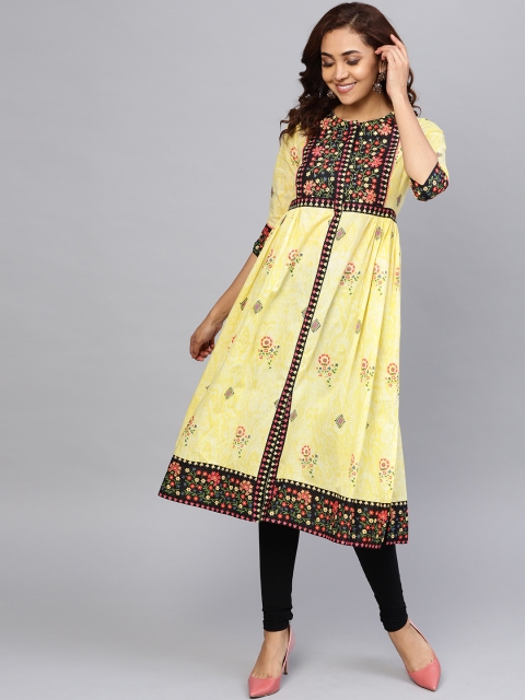 

Rain & Rainbow Women Yellow & Black Floral Printed Empire A-Line Kurta