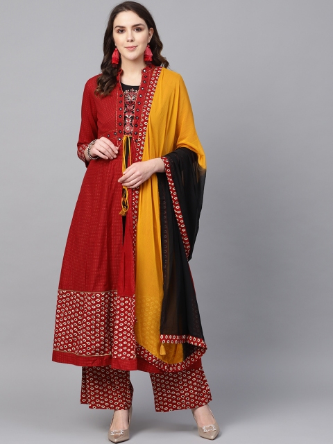 

Rain & Rainbow Women Rust Red & Golden Printed Layered Kurta with Palazzos & Dupatta