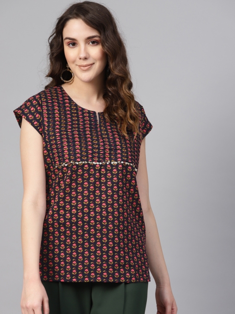 

Rain & Rainbow Women Navy Blue & Pink Printed Pure Cotton Top