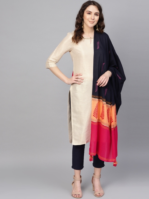 

Rain & Rainbow Navy Blue & Pink Printed Pure Cotton Dupatta