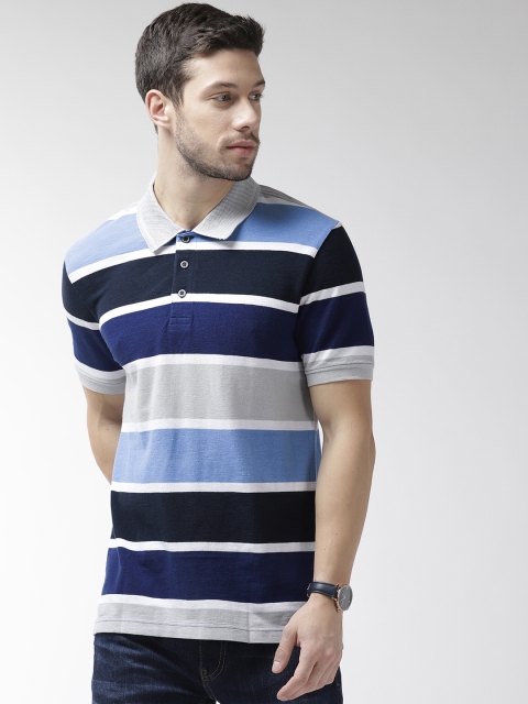 

Marks & Spencer Men Blue & Grey Striped Polo Collar T-shirt