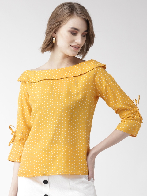 

Style Quotient Women Mustard Yellow & White Polk Dot Print Bardot Top