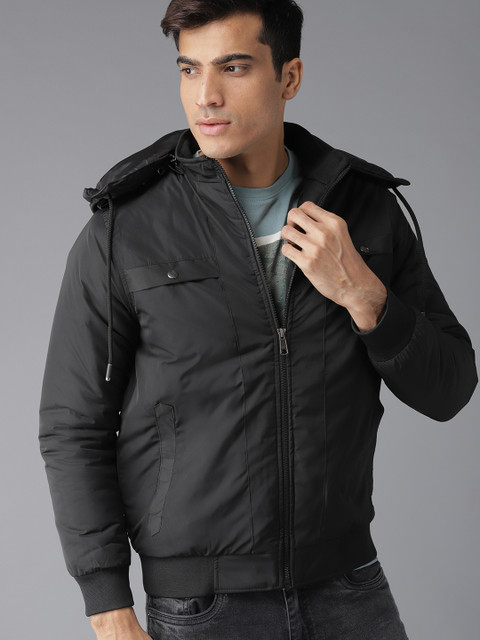 

Roadster Men Black Solid Detachable Hood Bomber Jacket