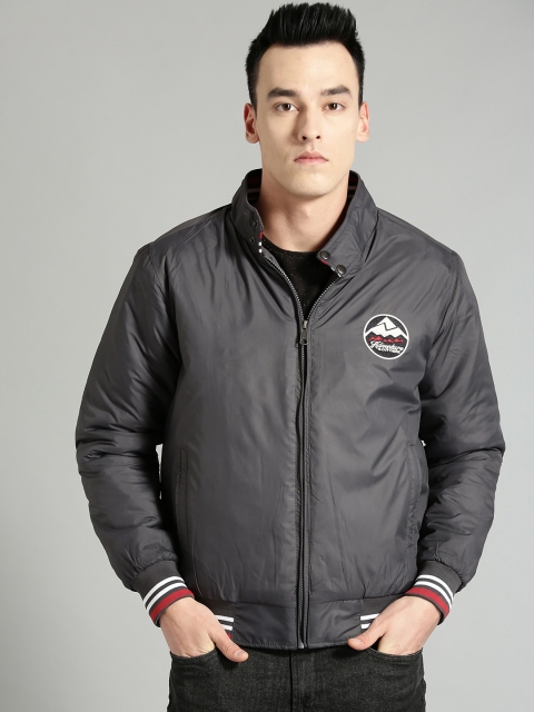 

Roadster Men Charcoal Grey Solid Varsity Jacket