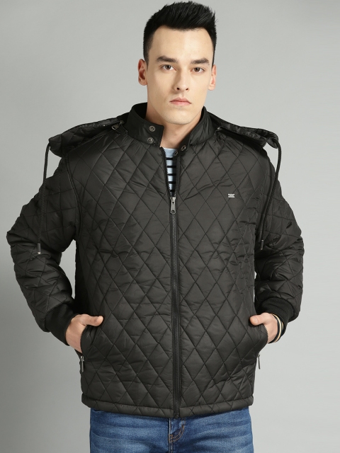 

Roadster Men Black Solid Quilted Jacket with Detachable Hood