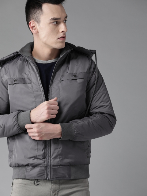 

Roadster Men Charcoal Grey Hooded Solid Bomber Jacket