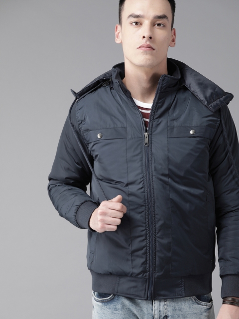 

Roadster Men Navy Blue Solid Bomber Jacket with Detachable Hood