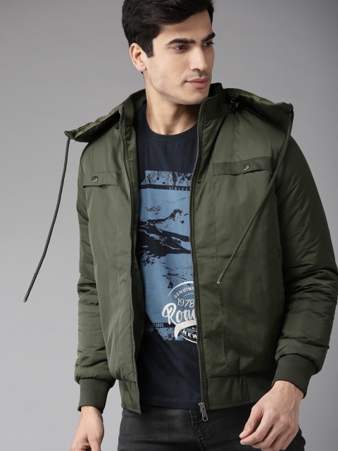 

Roadster Men Olive Green Solid Hooded Padded Jacket
