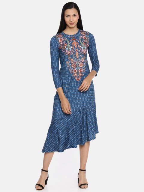 

Global Desi Women Blue Printed Drop-Waist Dress