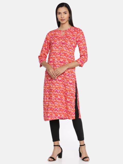 

Global Desi Women Coral Pink & Coral Orange Printed Straight Kurta