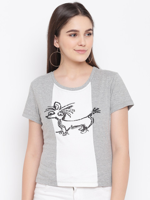 

LA LOFT Women Grey Melange White Colourblocked Round Neck Pure Cotton T-shirt