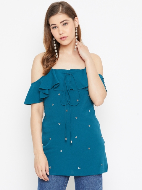 

LA LOFT Women Teal Blue Embellished Bardot Top