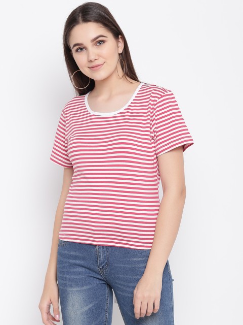 

LA LOFT Women White & Pink Striped Styled Back Pure Cotton Top