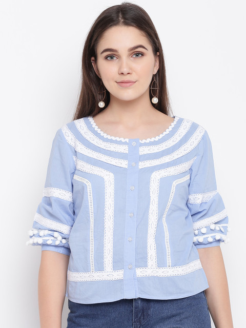

LA LOFT Women Blue Solid Pure Cotton Shirt Style Pure Cotton Top