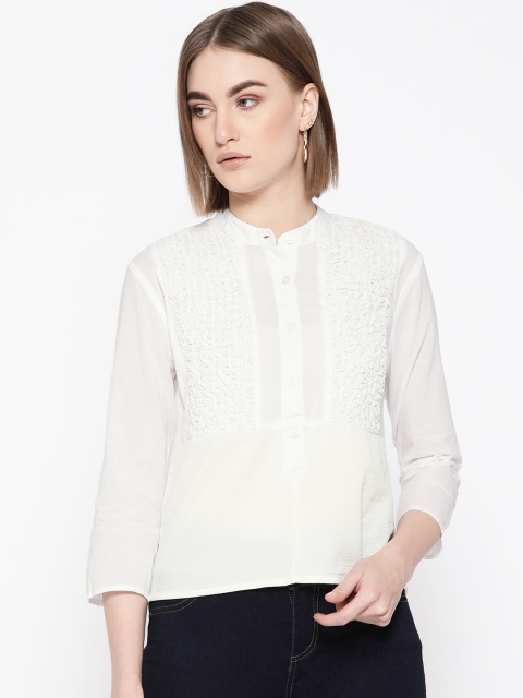 

LA LOFT Women Off-White Self Design Pure Cotton Shirt Style Pure Cotton Top