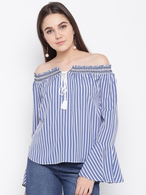 

LA LOFT Women White & Blue Striped Bardot Top