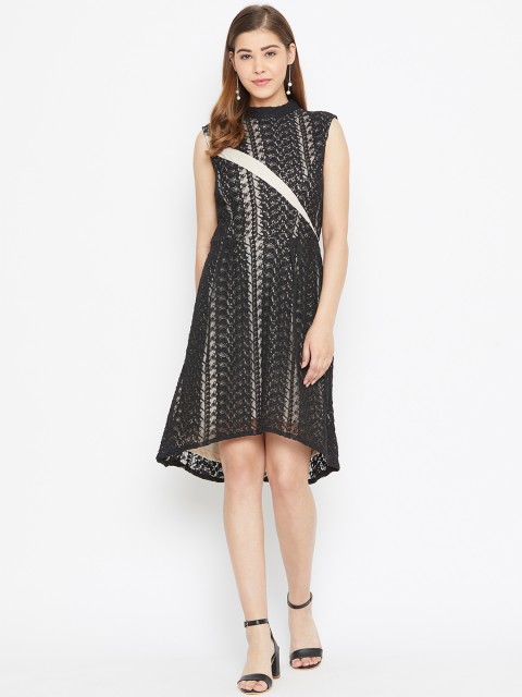 

LA LOFT Women Black Self Design Lace A-Line Dress
