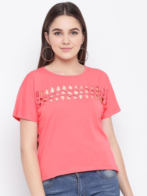 

LA LOFT Women Coral Pink Solid Round Neck T-shirt