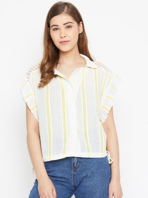 

LA LOFT Women White & Yellow Regular Fit Striped Styled Back Boxy Casual Shirt