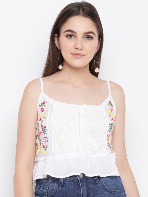 

LA LOFT Women White Floral Embroidered Top