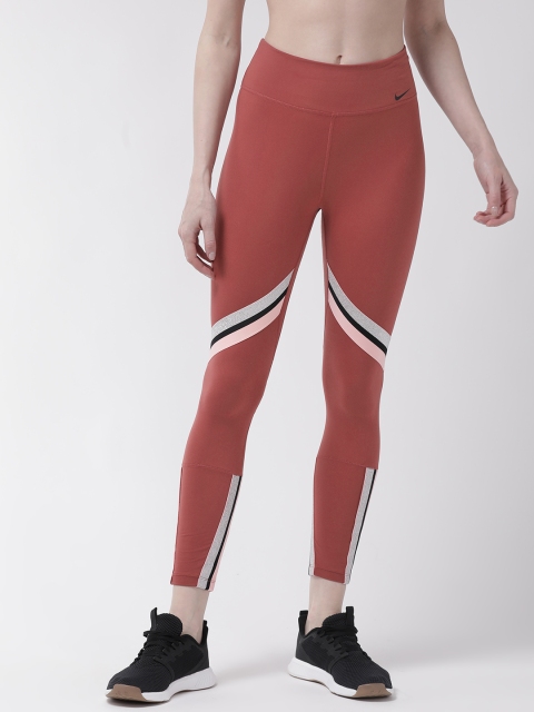 

Nike Women Rust Red One Icon Clsh Striped Detail 7/8 Training Tights