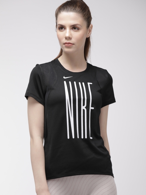 

Nike Women Black Printed Dri-Fit AS W NK RUN TOP SS GX Standard Fit Running T-shirt