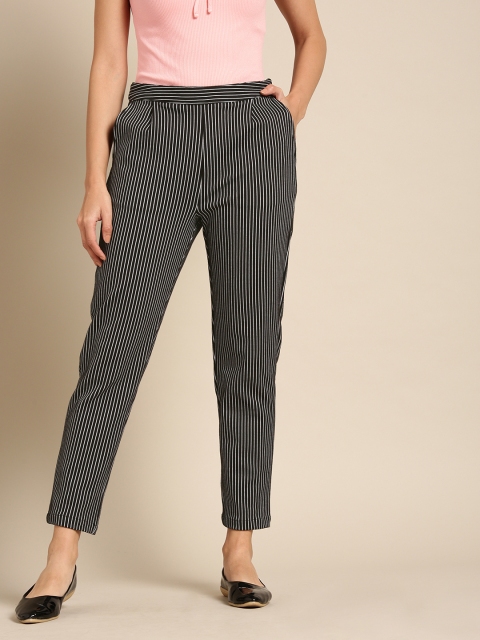 

DressBerry Women Black & White Regular Fit Striped Regular Trousers
