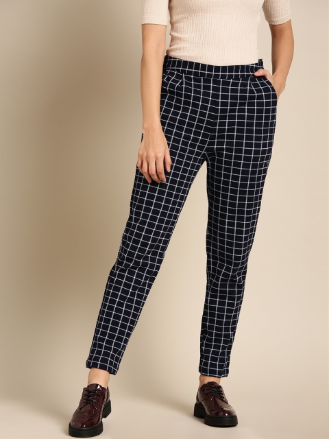 

DressBerry Women Navy Blue & White Regular Fit Checked Cigarette Trousers