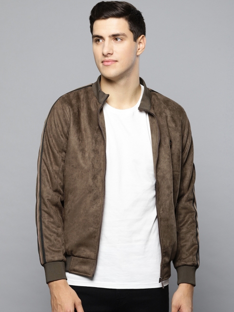 

Louis Philippe Men Olive Brown Suede Finish Solid Bomber Jacket