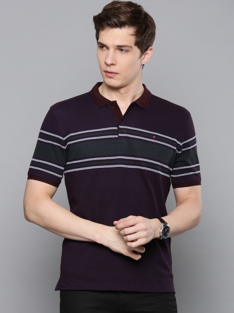 

Louis Philippe Sport Men Coffee Brown Olive Green Self Striped Polo Collar Pure Cotton T-shirt