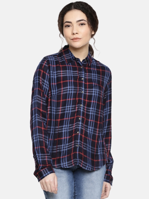 

Pepe Jeans Women Navy Blue & Red Regular Fit Checked Casual Shirt