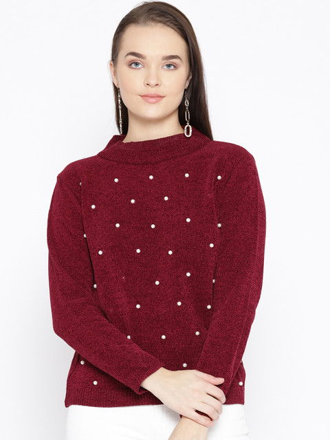 

Taanz Women Maroon Solid Beaded Sweater